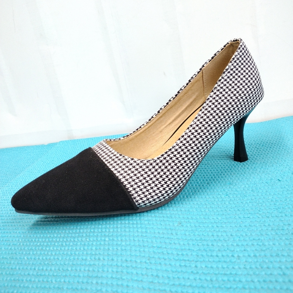Suede Houndstooth Mid Heel Pump Snowflake Pointed Toe Knit Size 37
